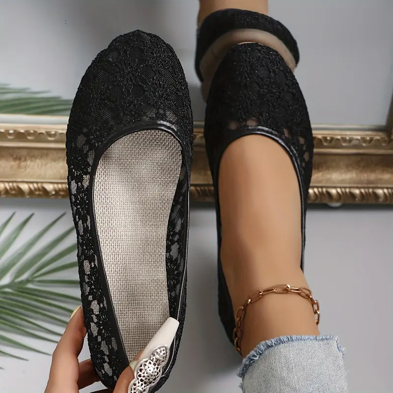 Womens Floral Lace Ballet Flats - Effortless Slip-On, Ultra-Soft Sole, Airy & Comfy - Chic Shallow Mouth Shoes for Breathable All-Day Wear 2