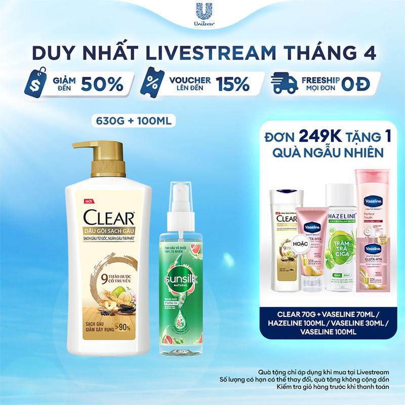 Combo Dầu Gội CLEAR 9 Thảo Dược Cổ Truyền Sạch Gàu Hỗ Trợ Giảm Gãy Rụng và Xịt dưỡng tóc tinh dầu bưởi Sunsilk Natural giúp tóc chắc khỏe và giảm gãy rụng (630G + 100ml) [1]