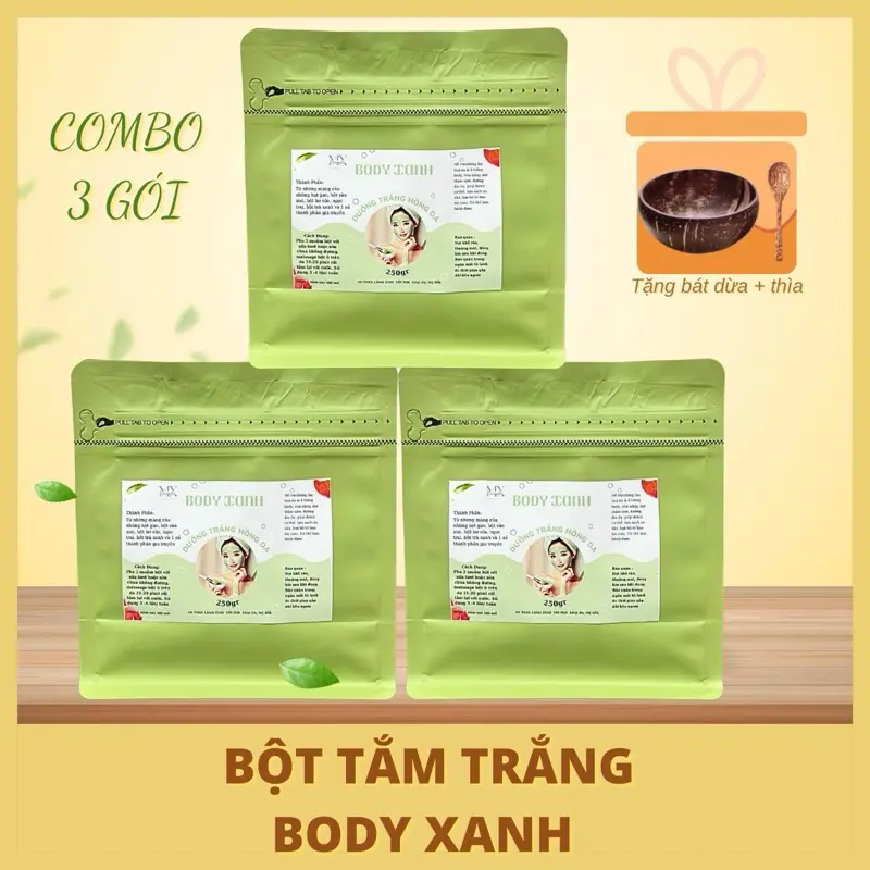 Combo 3 gói bột tắm trắng body xanh - giúp da trắng sáng, bật tông, giảm nám, sạm, nhả nắng
