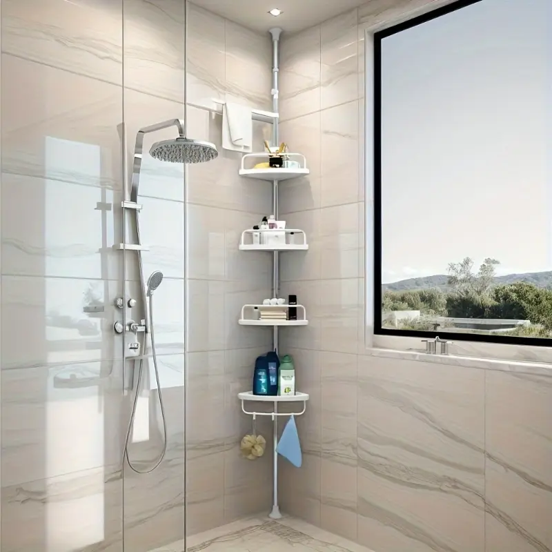 Expandable Corner Bathroom Shelf with 4 Layers, Adjustable Tray and Rotating Towel Bar, Easy Installation without Drilling Holes, Modern White Plastic Wall-mounted Storage Rack for Bath Essentials, Bathroom Accessories and Storage 3