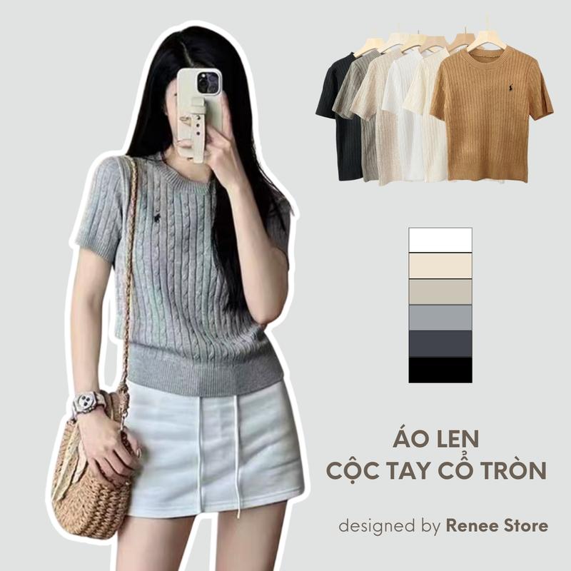 Áo len cộc tay cổ tròn thêu ngựa, áo dệt kim mỏng nữ ngắn tay hoạ tiết xoắn thừng - A1975 Top Women