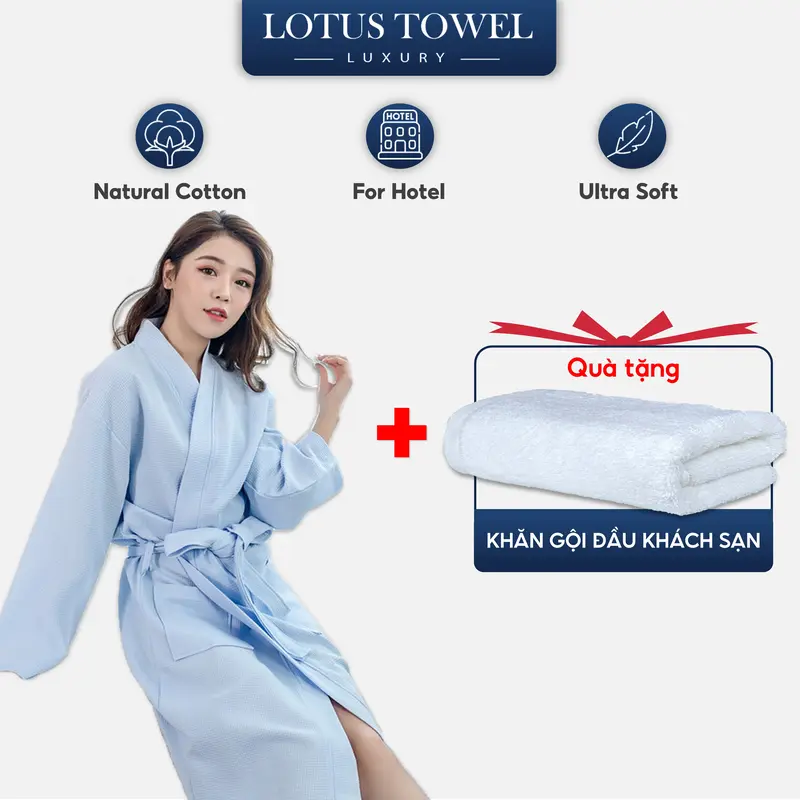 Combo deluxe ( 1 Áo choàng tắm + 1 khăn gội đầu ) Lotustowel , Chất liệu cotton tự nhiên dày dặn, thấm hút, sang trọng 0