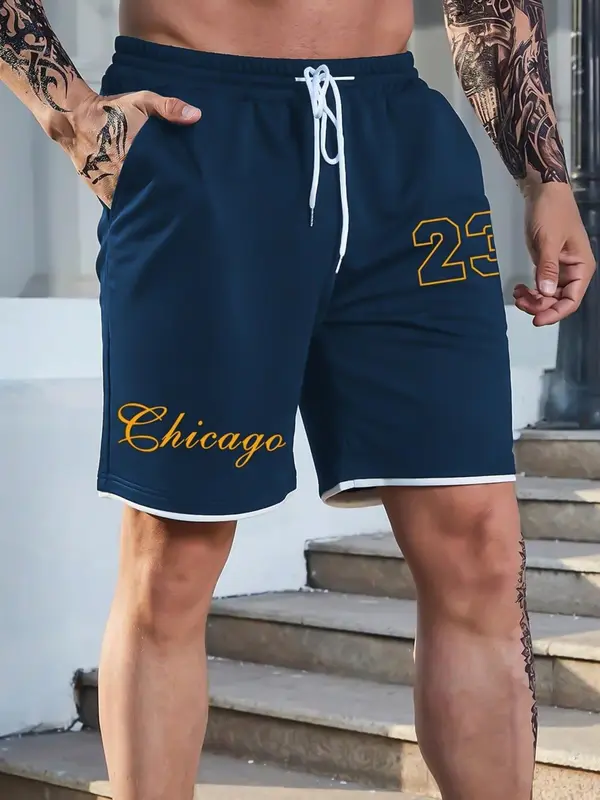 【Plus Size】 Men's Letter Print Drawstring Waist Shorts, Regular Fit Casual Fashion Shorts for Outdoor Daily Wear, Men's Bottoms for Summer 0