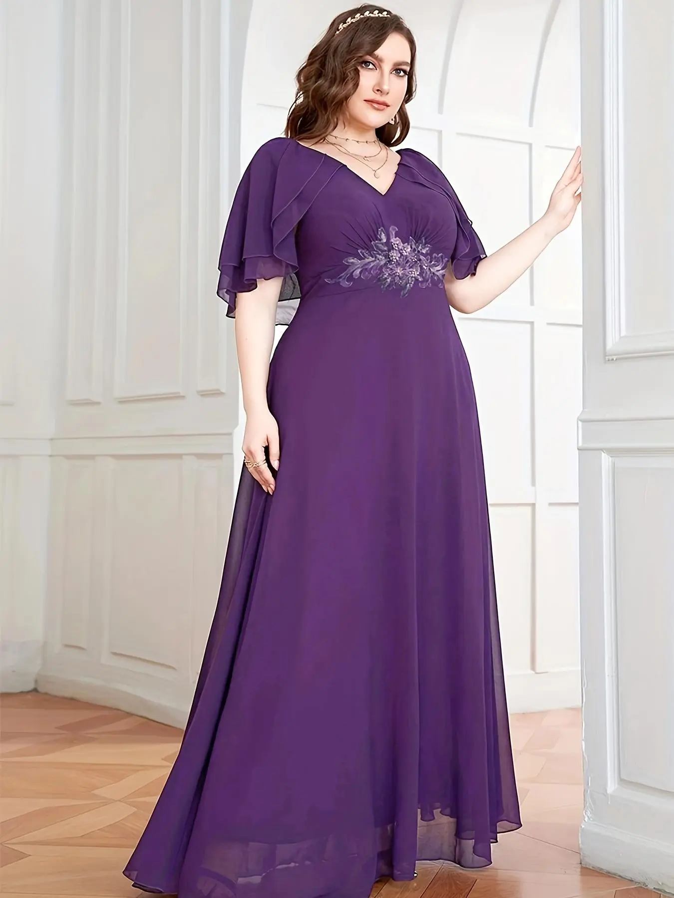 Plus Size Embroidered Ruffle Trim Backless V Neck Chiffon Dress, Summer Clothes Women, Elegant Layered Sleeve Backless Bridesmaid Dress For Party Wedding Guest, Women's Plus Size Clothes For Summer