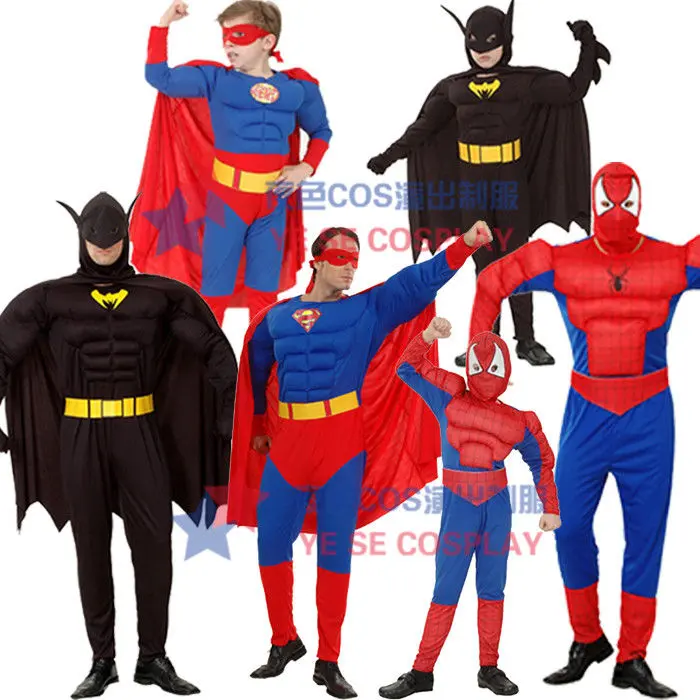Kostum, Tema Spider-Man, Superman, Batman, Pakaian Halloween Ibu Bapa-Anak, Set Persembahan, Untuk Dewasa dan Kanak-kanak, Pakaian Lelaki