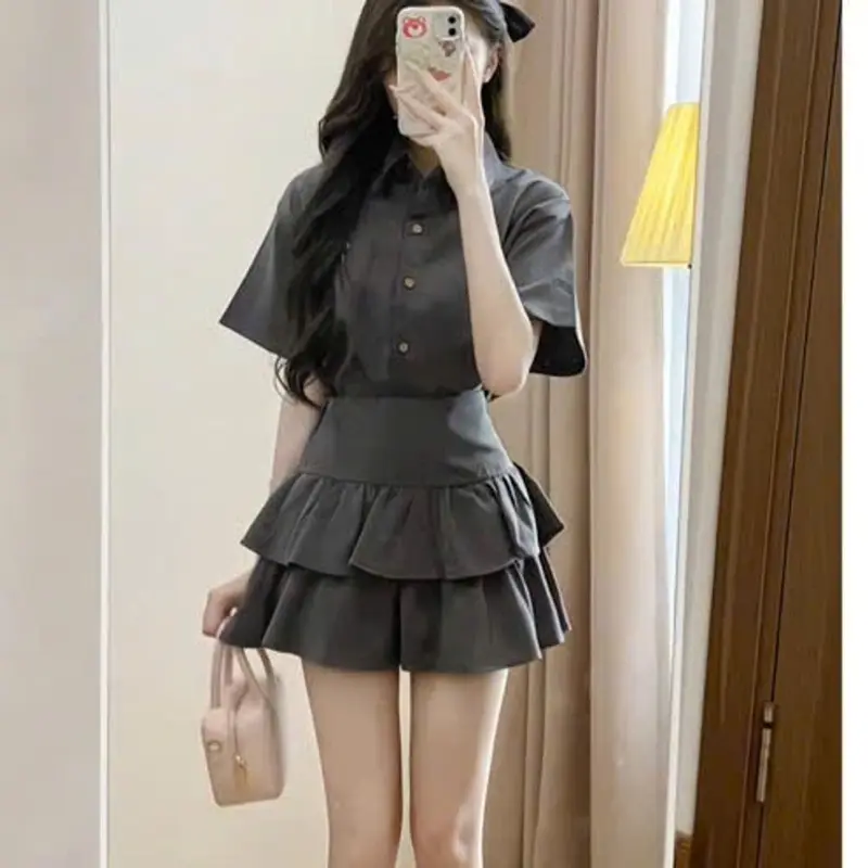 Set bộ đồ nữ áo sơ mi thêu nơ nhỏ mix chân váy 2 tầng hottrend B324 SUTANO 1