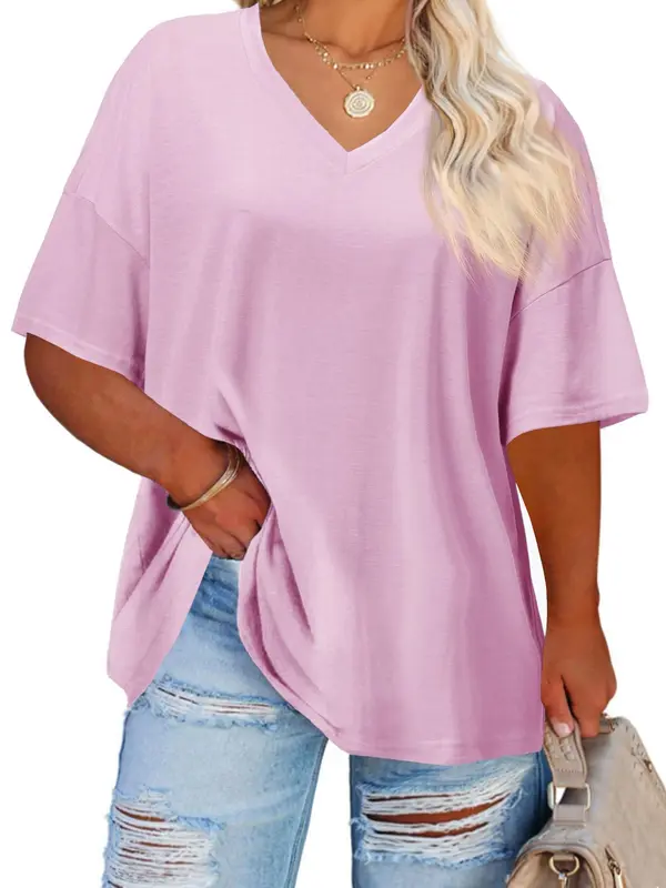【Plus Size】 Plain V Neck Drop Shoulder Half Sleeve Tee, T Shirts for Women, Summer Tees, Summer Vacation Tops, Hide Tummy, Casual Basic T-shirt, Women's Clothing for Daily Wear, Back To School, T Shirts for Women, White Tshirt Women, Tops for Women 7
