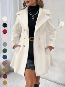 Abrigo sólido de doble botón con bolsillos para mujer, ropa de abrigo casual de manga larga con cuello con solapa para otoño e invierno, ropa de mujer para uso diario