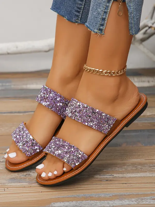 Women's Fashion Glitter Rhinestone Decorated Slide Sandals, 1 Pair Casual Open Toe Sandals for Summer, New Trend All-match Sandals for Daily Wear 8