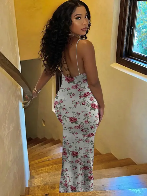 Women's Split Thigh Cami Bodycon Dress, Casual Sleeveless Spaghetti Strap Long Dress for Summer, Fashion Women's Clothing for Beach Holiday 5