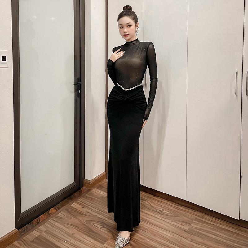  Váy body nhũ cổ cao phối dây ngọc V30 Nữ Voi Women Voan Dress Đen 