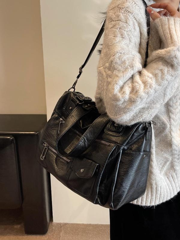 Women's Fashion Elegant Large Capacity Tote Bag, Vintage Trendy Pu Leather Shoulder Bag, Casual Versatile Zipper Tote Bag for Trip & Business, Designer Bags 8