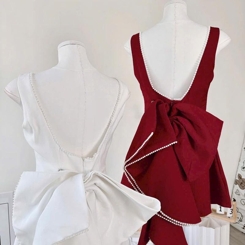 Product Introduction of ( Sam’s Clothing ) Đầm nữ hở lưng đính nơ to viền dây ngọc dáng ngắn xinh xắn Women 12