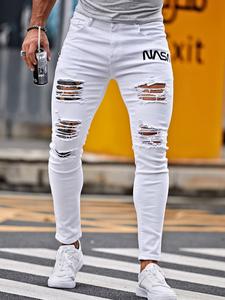 Men's Letter Pattern Ripped Design Jeans, Slim Casual Comfy Denim Pants for Daily Wear, Fashion Men's Bottoms for All Seasons, Cotton