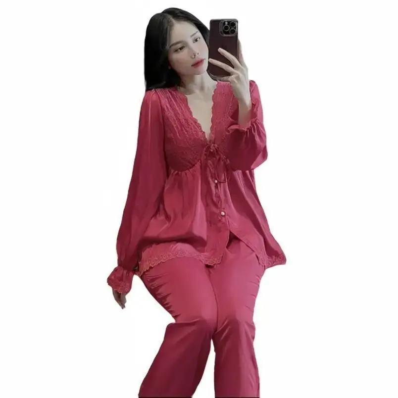 H110 Bộ Ngủ Dành Cho Nữ  Women Cổ V Phối Ren Áo Tay Dài Cúc Ngọc Lụa Xước Trơn Pijama Mùa Đông Phù Hợp Size 40-60 KG Màu Kem Sang Trọng Kaki
