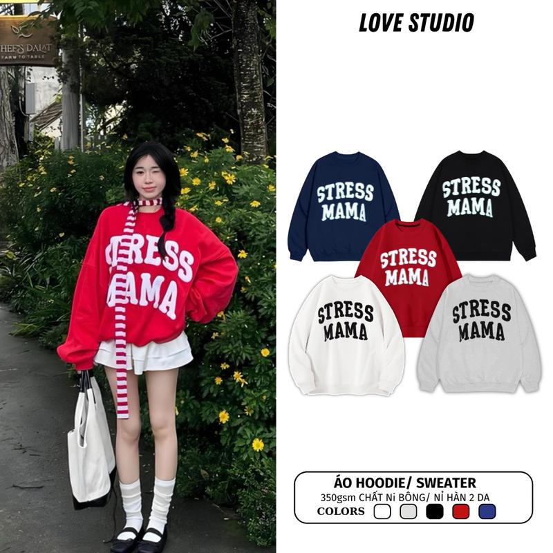 Áo Sweater STRESS MAMA unisex nam nữ chất nỉ bông, nỉ hàn 2 da dày dặn, hoodie có mũ Menswear Navy A356 Nhung Voi