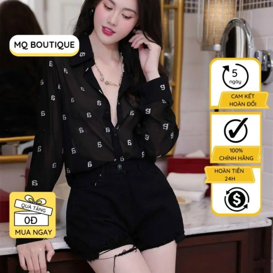 Áo chữ kim tuyến tơ sơ mi dài tay nữ công sở họa tiết chữ kim tuyến nền đen trắng , áo sơ mi thiết kế MQ Boutique