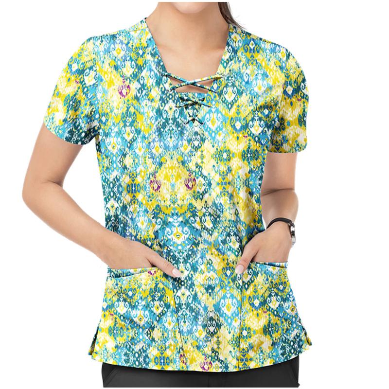 Product Introduction of Women Print Nurse Uniform Plus Size Summer Short Sleeve V-neck Tops Nursing Working Uniform T-shirts Clinic Protective Clothing 9
