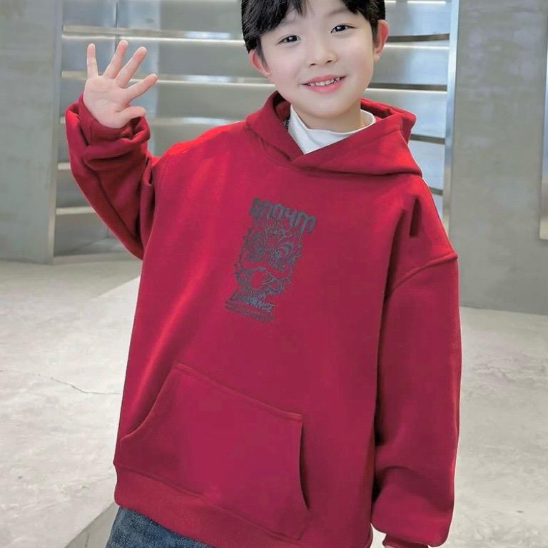 [22-50KG] ÁO NỈ HOODIE ĐỎ DÀI TAY CÓ LÓT LÔNG DÀY ẤM IN HOẠ TIẾT LION, ÁO MẶC TẾT, ÁO MŨ DÀY ẤM 3