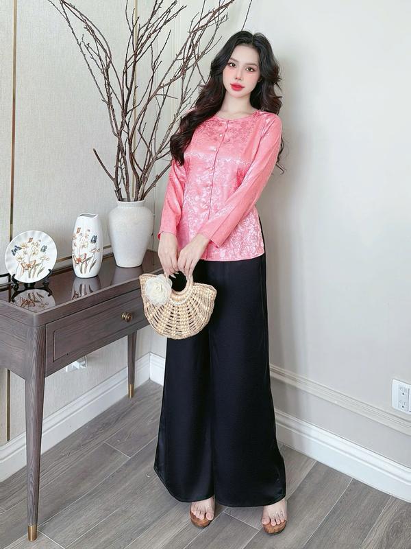 Anh Mỹ  - CỔ TRÒN - Sét bà ba nữ cổ tròn tay dài chất liệu gấm quần latin SP0338 freesize M/L/XL