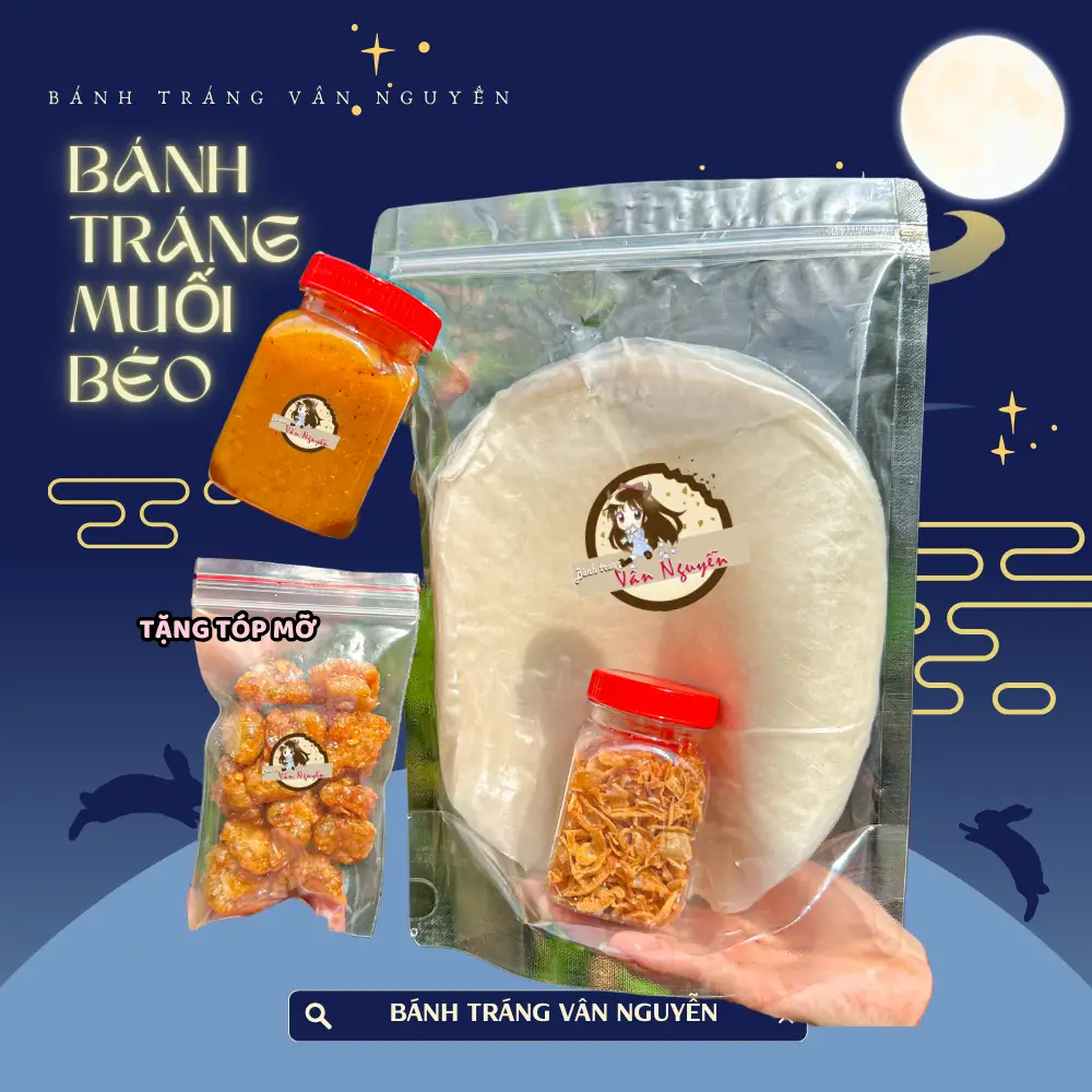 Combo bánh tráng muối béo TẶNG TÓP MỠ Vân Nguyễn.150gr Bánh tráng phơi sương, 1 hủ muối béo, 1 hủ hành phi tặng tóp mỡ Bột Ăn Vặt Snack