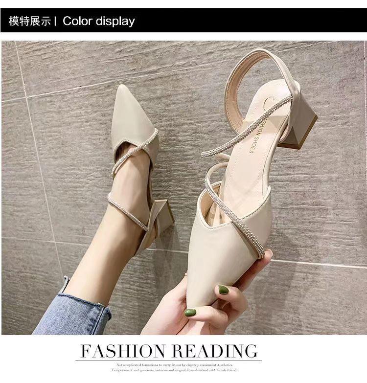 Product Introduction of Women's Sandals Summer Mid Heel Pointed Toe Pumps Closed Toe Chunky Heel Rhinestone Women's Shoes Word Buckle High Heels 3