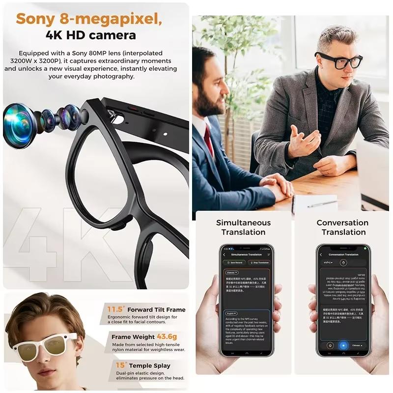 2026 New AI Translate Smart Glasses 32GB Storage 8MP HD Camera Voice Video Record Call Smart Glasses with 3600mAh Charging Case