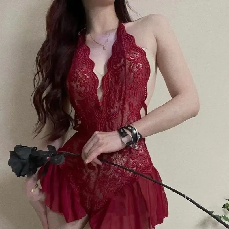 V54 Váy ngủ mặc nhà,cổ yếm ren mềm mịn co giãn