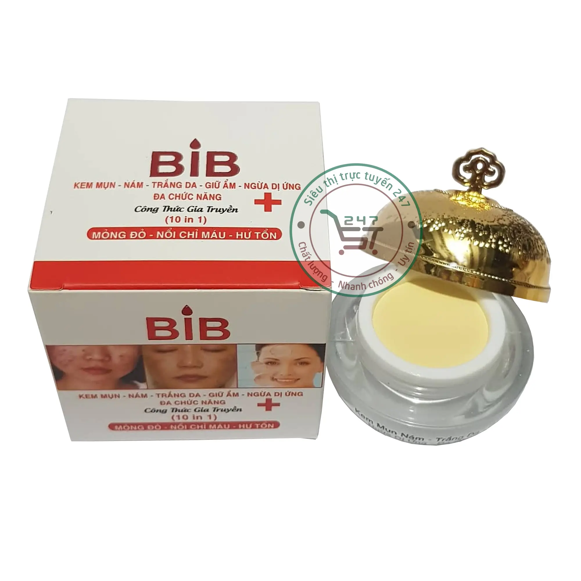 Kem Mụn Nám Tàn nhang Trắng da mờ Sẹo Thâm Giữ ẩm ngừa Dị ứng BIB 16g 26g (trắng-đỏ)