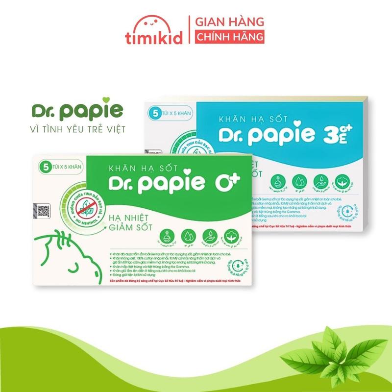 Khăn Lau Hạ Sốt Dr Papie 0M+ 3M+ Thải Nhiệt Hạ Sốt Nhanh Cho Bé Hộp 5 Gói x 5 Khăn/Gói