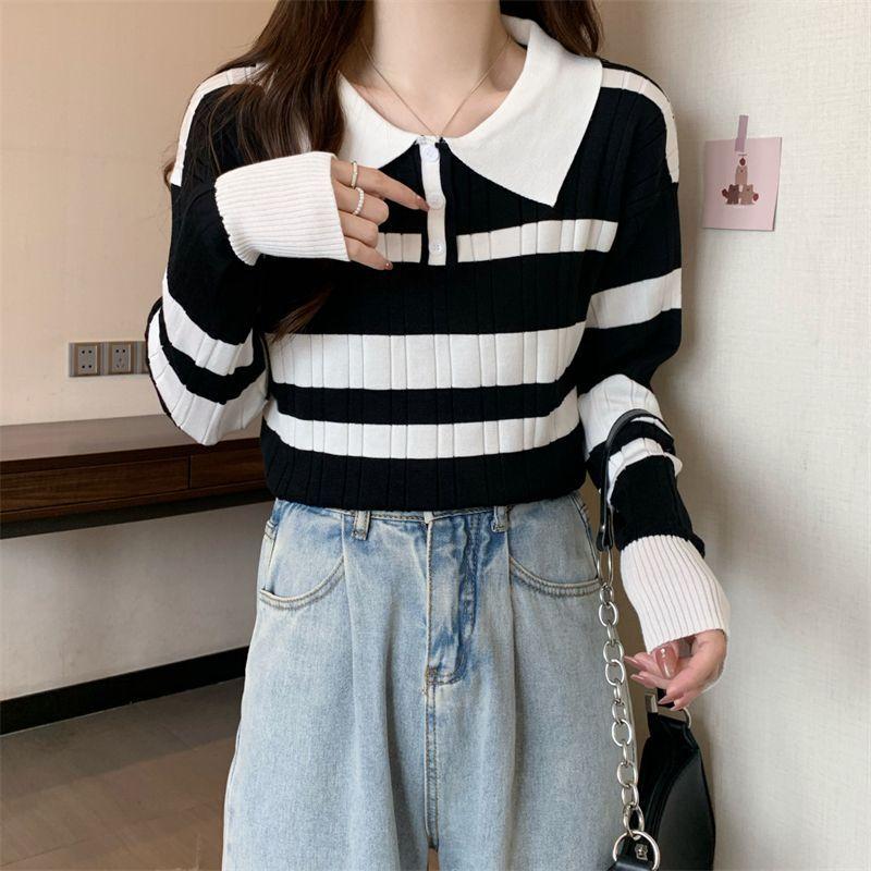 Product Introduction of Striped Polo Collar Knitwear for Women 2024 Spring and Autumn New Contrast Color Design Chic Slim Short Long Sleeve Top Womenswear Lingerie Comfort Knitting Collared 11