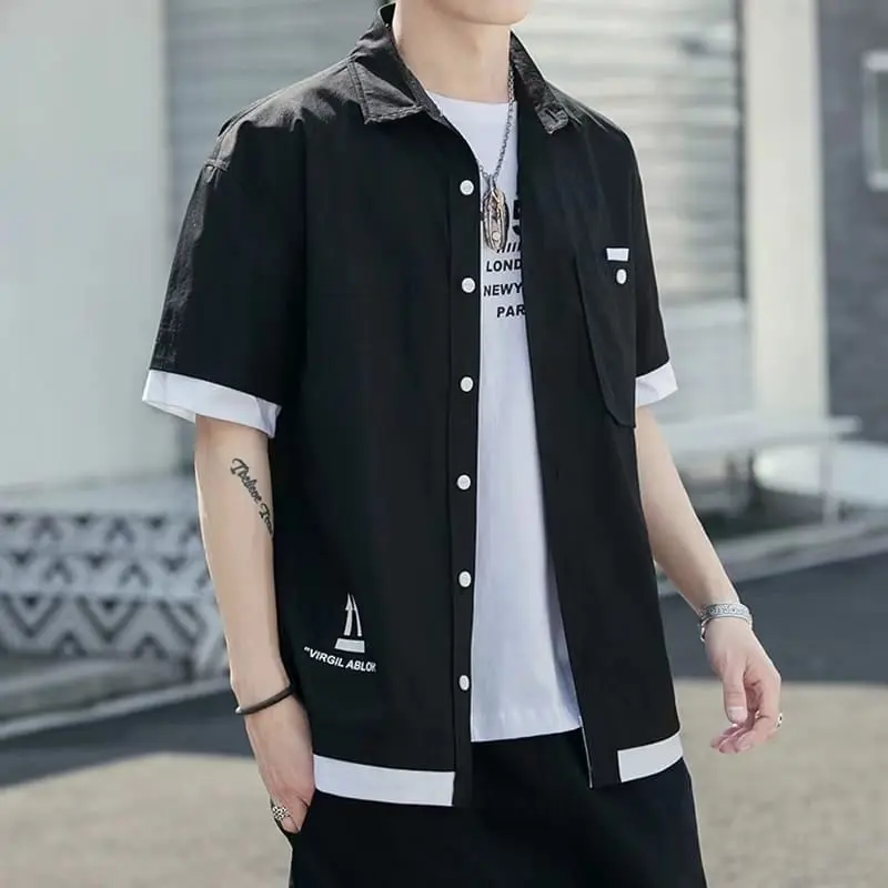 KIYOWO- Kemeja Jefry Pendek Kasual Lengan Pendek Pria Casual Cowok Fit Hem