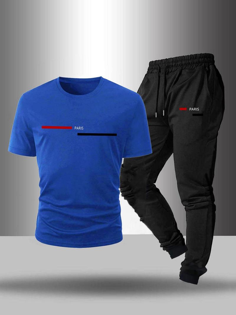 Product Introduction of Men's Letter Print Tee & Drawstring Waist Pants Two-piece Set, Regular Fit Round Neck Short Sleeve T-shirt & Trousers, Casual Clothes for Summer 1