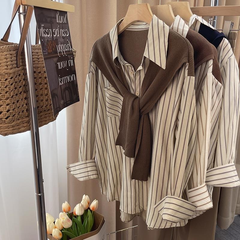 Product Introduction of Áo Sơ Mi Sọc Giả Hai Lớp, Khăn Choàng Mùa Thu OOTD, Áo Sơ Mi Nữ Dài Tay Phong Cách Pháp, Phong Cách Thường Ngày Độc Đáo Thiết Kế Đẹp, Thích Hợp Cho Mùa Xuân Và Mùa Thu 2