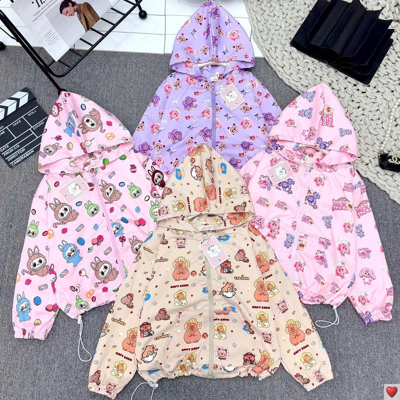 [MinMinKid2] (20-50kg) ÁO KHOÁC gió 2 lớp in tràn hình Labubu, Kru, Capy, Baby Three cho bé trai và bé gái Voi