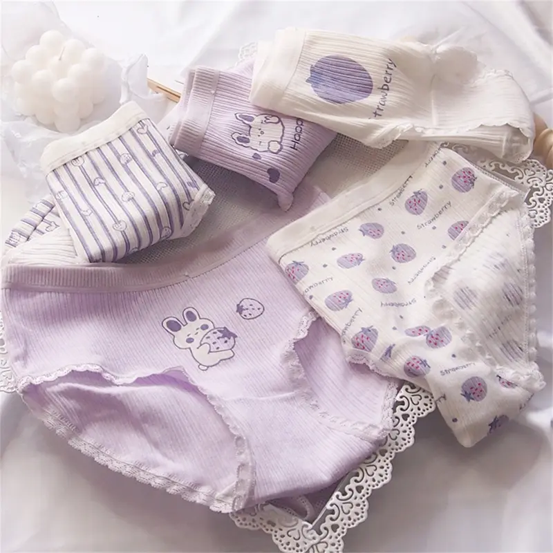 Quần Lót Màu Tím Cho Nữ, In Hình Thỏ Dễ Thương, Cạp Trung, Làm Bằng Cotton, Thoáng Khí Và Thoải Mái, Thích Hợp Cho Học Sinh Và Thể Thao, Đồ Lót Dễ Phối Đồ 0