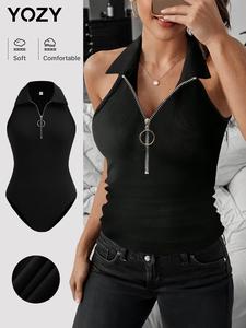 YOZY Women's Solid Zipper Ribbed Bodysuit, Casual Sleeveless Collared Bodysuit for Daily Wear, Ladies Clothes for All Seasons
