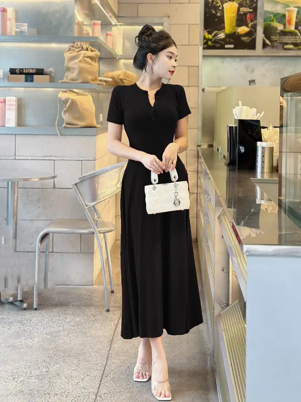 D-13 Đầm gân Đũa Dáng Xoè Dài, Tay ngắn Có Nút  Sang Chảnh Nữ 0