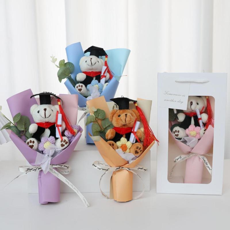 Cute Bear Design Graduation Themed Bouquet, 1 Count Handmade Woven Flower Bouquet, Home Decor for Graduation Party, Valentine's Day Gift Idea 8