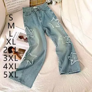 Boyfriend.Jeans Celana Jeans Wanita Highwaist Panjang Jumbo Potongan Lebar Motif Bintang Efek Pencetakan Air Basah Biru Muda Denim Katun Nyaman Melar Vintage Keren