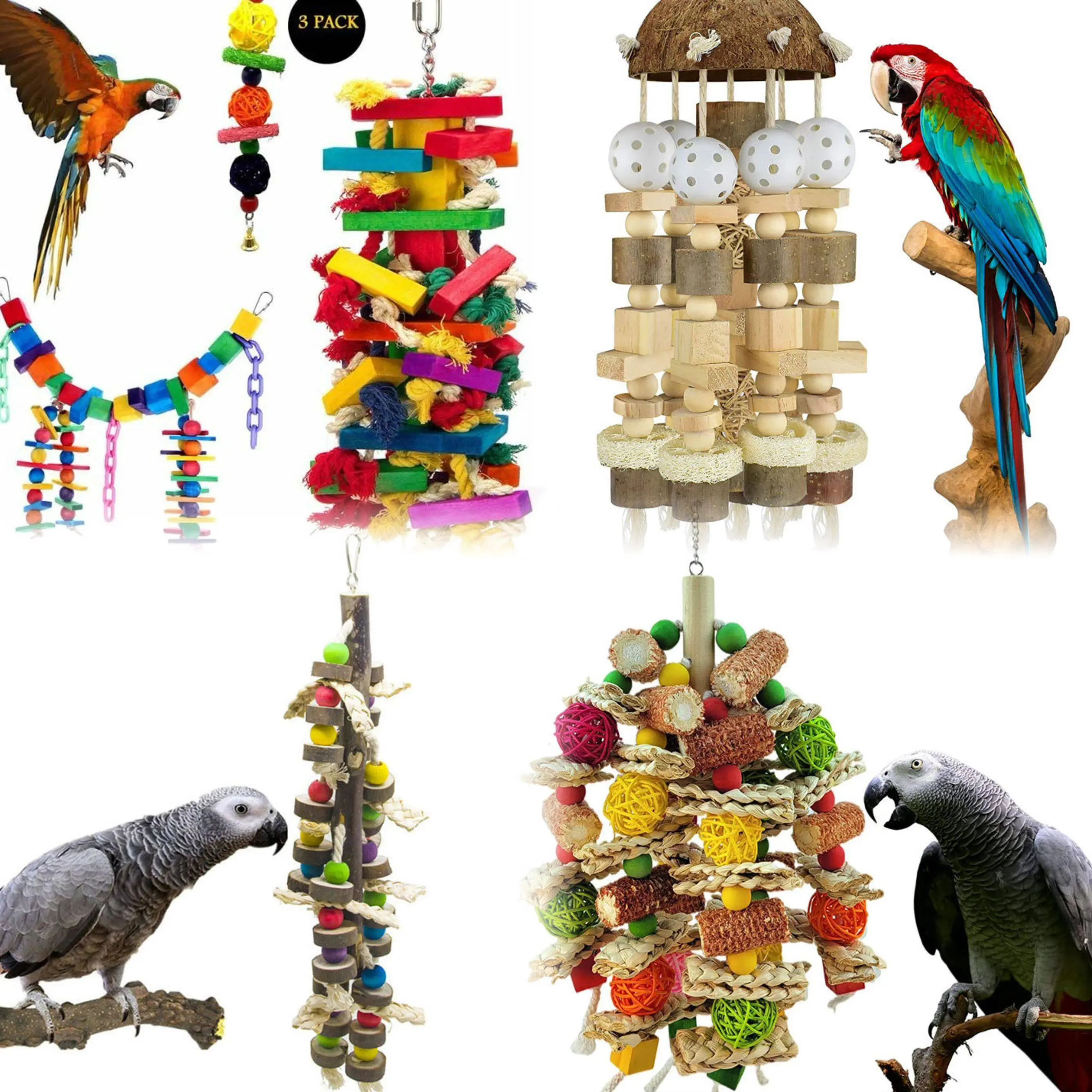 Parrot toys, parrot decompression toys, large and medium-sized parrot educational toys, colored wooden bird toys.