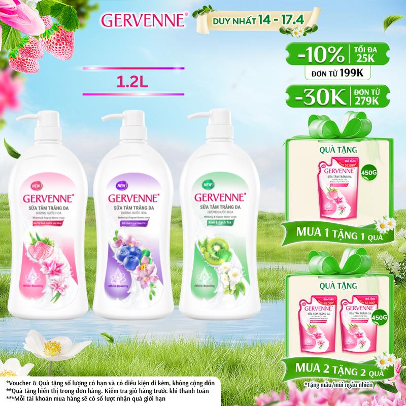 Sữa Tắm Dưỡng Body dành cho nữ Hương Nước Hoa Gervenne 3 mùi (Kiwi, Dâu tây, Việt quất) 1.2L/chai