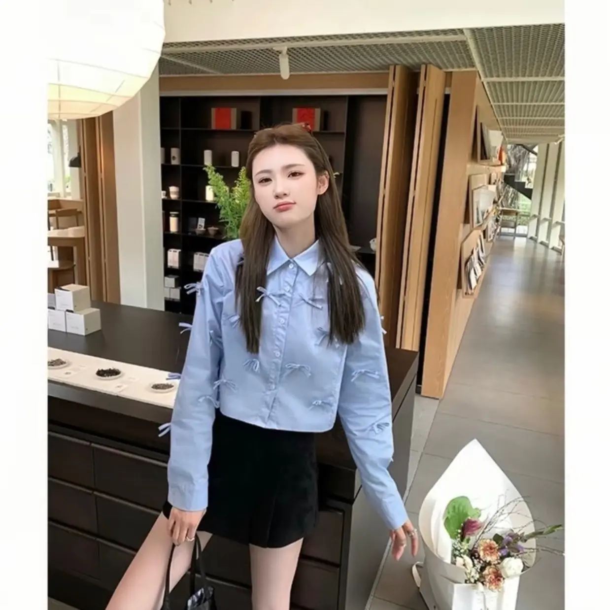 XẢ KHO NGHỈ BÁN - Áo sơ mi kiểu nữ croptop chất thô cotton cách điệu dài tay 3 màu