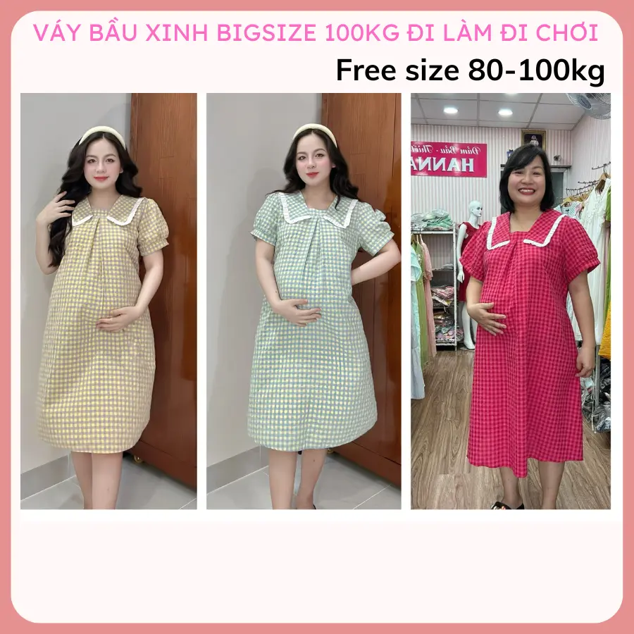 Váy bầu xinh đi chơi đi làm bigsize 100kg nhà Hanna vải mềm mát dài qua gối có 2 túi bên sườn không xù không nhăn