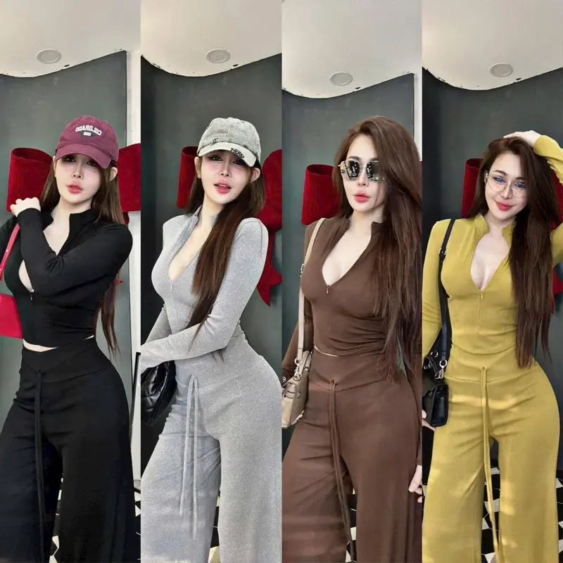 Set bộ thun tăm lạnh áo tay dài cổ dây kéo croptop mix quần dài ống rộng hack dáng