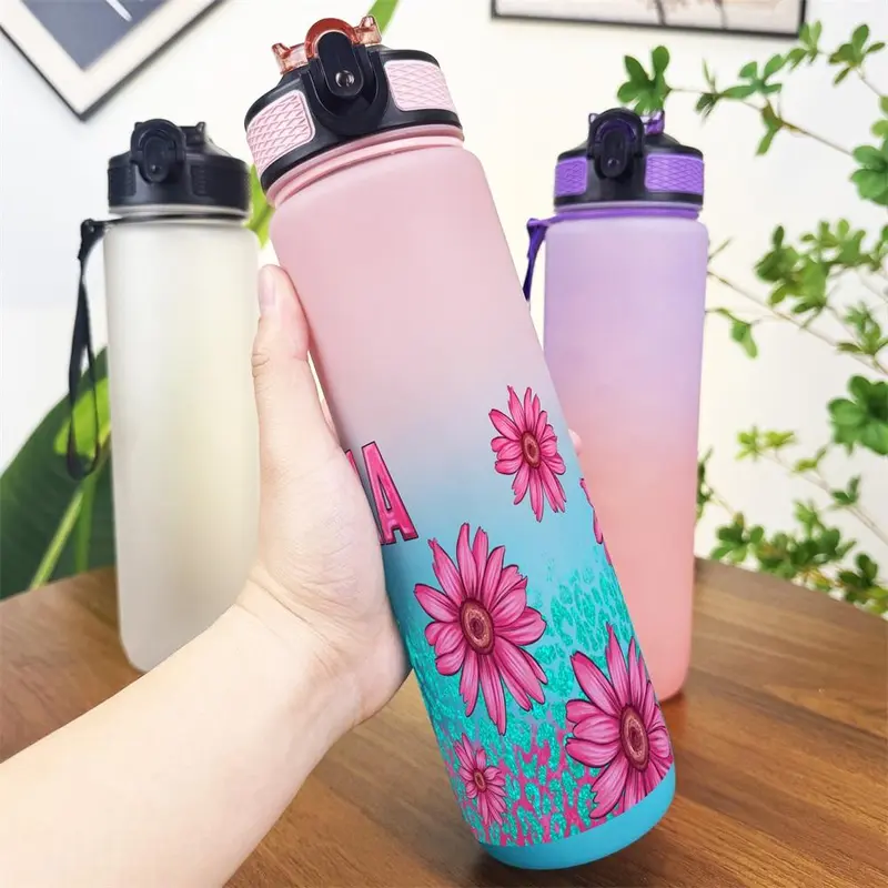 32oz Water Bottle, 1 Count Floral Pattern Sports Water Bottle with Time Marker, Outdoor Durable Large Capacity Hiking Water Bottle 4