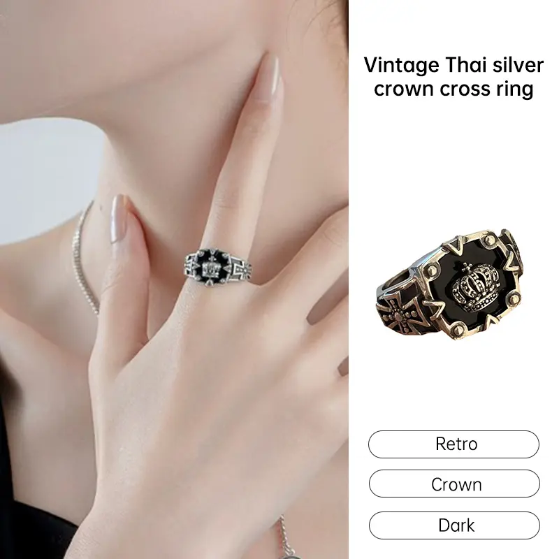 【zhamus】Retro Thai-silver Crown Open Ring Hip Hop Dark Ring Women Fashion Cross Index Finger Ring 4