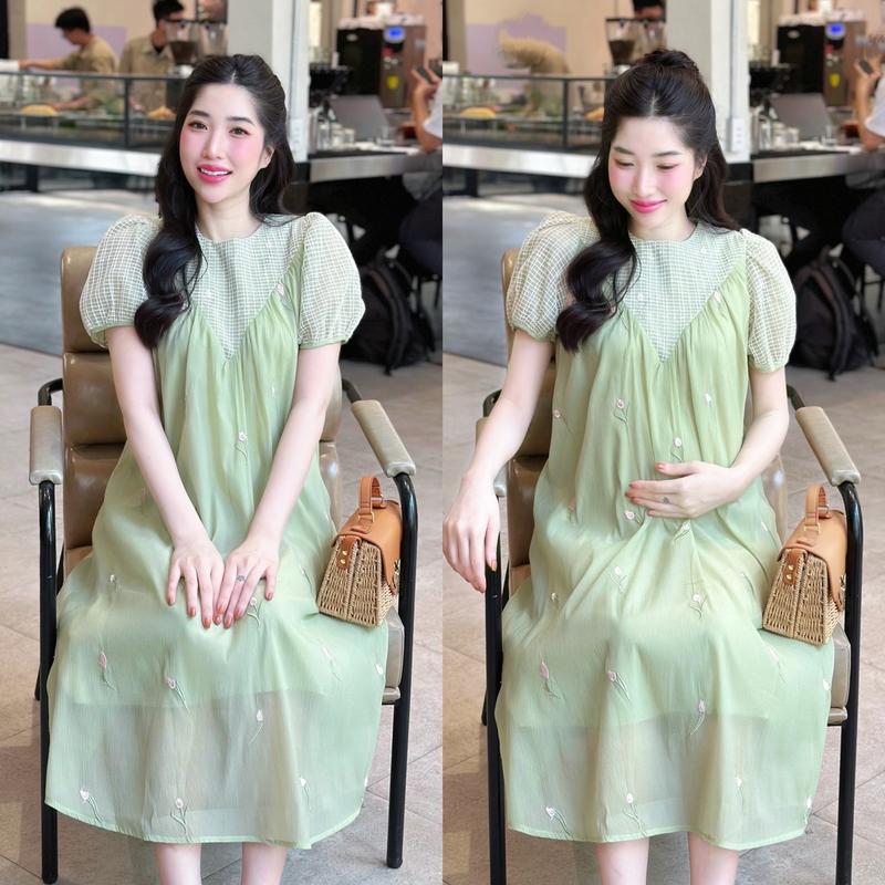 Đầm bầu Vera voan tơ tay phồng phối ren tiểu thư nhẹ nhàng 5