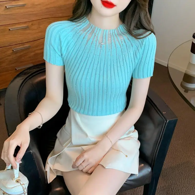 Áo Thun Ngắn Tay Dệt Kim, Kim Cương Giả Sáng Bóng, Dành Cho Phụ Nữ Vào Mùa Hè, Phong Cách Phương Tây, Thiết Kế Áo Sơ Mi Nhỏ Áo Cổ Lửng Bó Sát Ngắn, Áo Cổ Bẻ