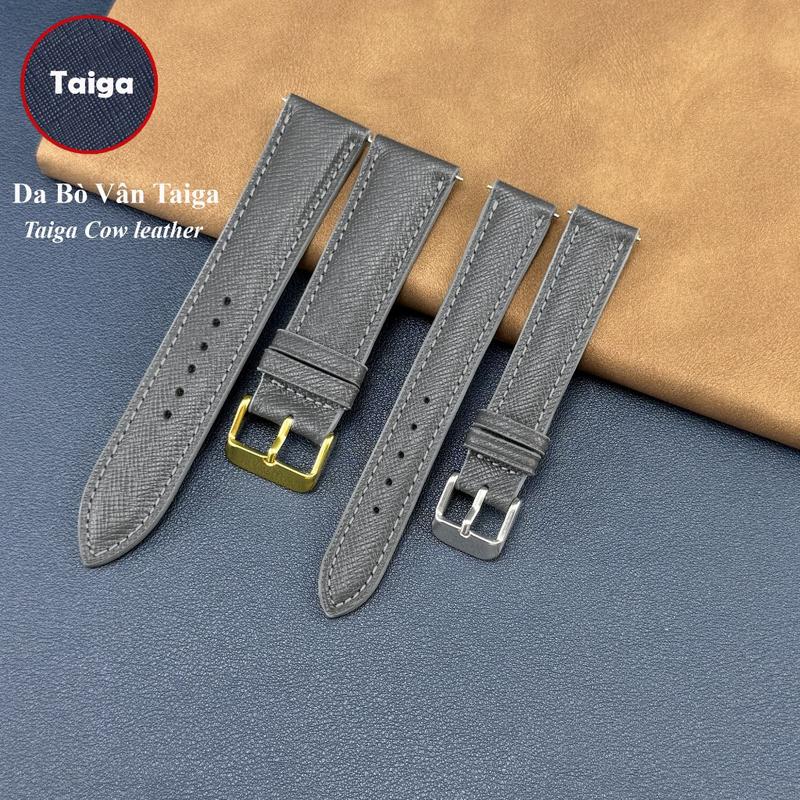 (Xám - Độn Dài) Dây đồng hồ da bò thật dạng vân hạt Vân Taiga sang trọng nhiều size 16 17 18 19 20 21 22 24mm